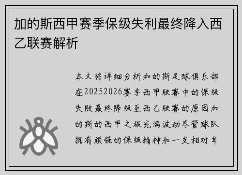 加的斯西甲赛季保级失利最终降入西乙联赛解析